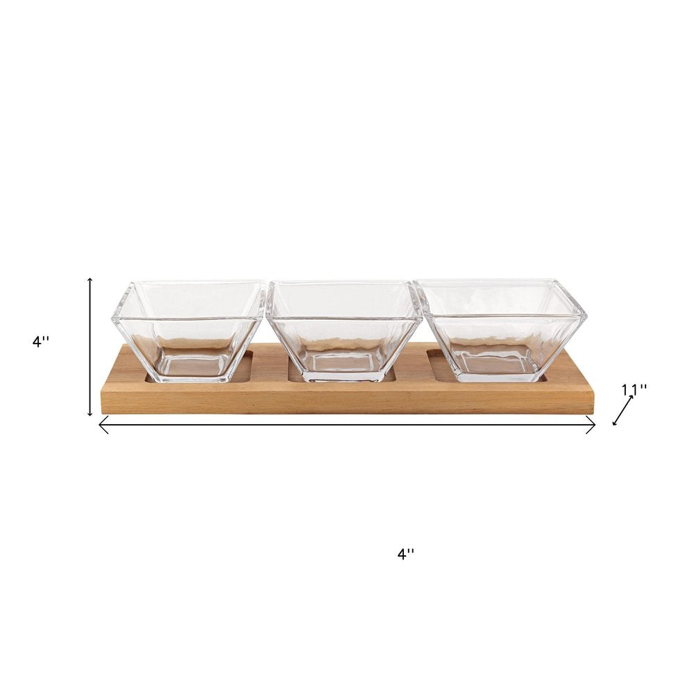 Four Piece Clear And Natural Crystal And Solid Wood Condiment Server on a white background