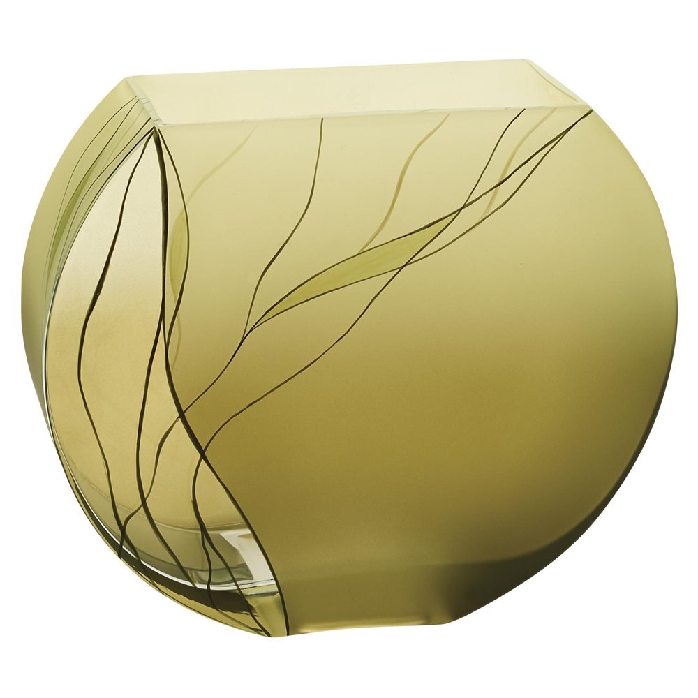 A round, pale green crystal glass vase with dark green sculptural line details on a white background.