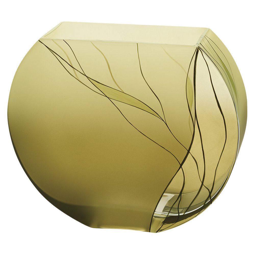9" Green Round Crystal Glass Table Vase With Sculptural Details on a white background