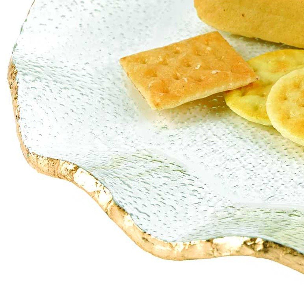 13 Mouth Blown Wavy Edge Gold Leaf Platter Or Charger. Dinnerware isolated on a plain white background, finished in gold.