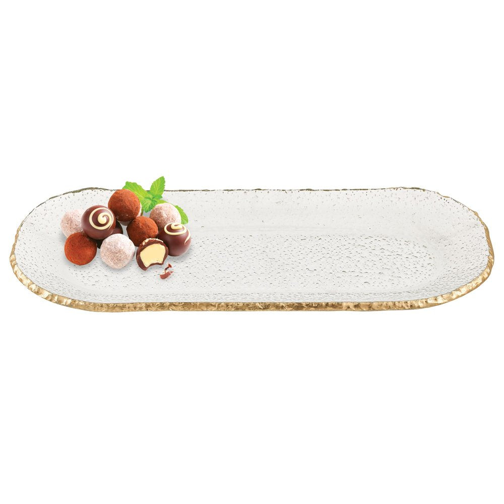 18 Mouth Blown Oval Edge Gold Leaf Platter. Dinnerware isolated on a plain white background, in a gold finish.