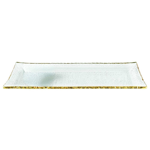 Rectangular clear glass serving platter with textured surface and gold leaf edge on a white background.