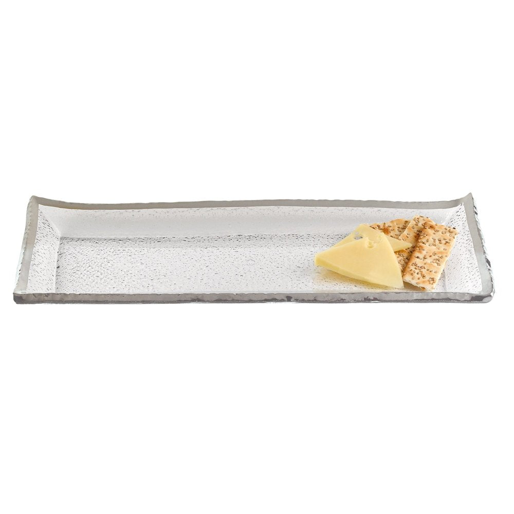 18 Mouth Blown Rectangular Edge Silver Serving Platter Or Tray. Dinnerware isolated on a plain white background, in a silver finish.