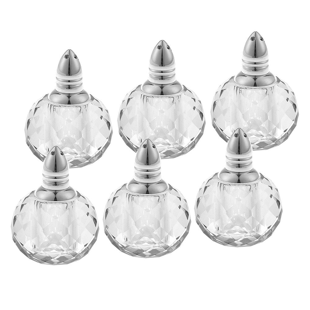 Set of Six Clear And Silver Round Cut Crystal Salt and Pepper Shakers on a white background