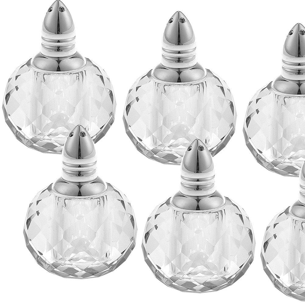 Set of Six Clear And Silver Round Cut Crystal Salt and Pepper Shakers on a white background