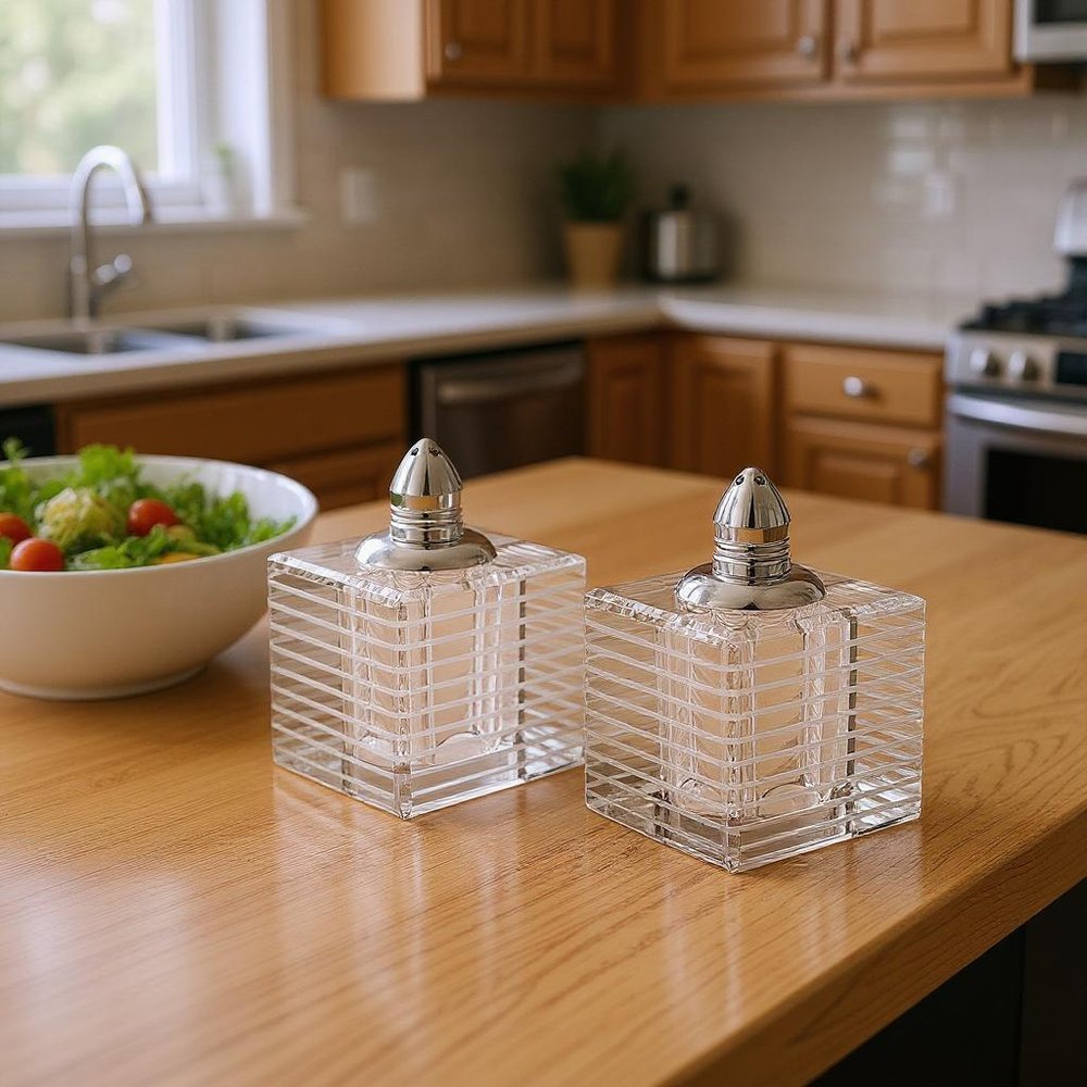 Set of Two Clear And Silver Crystal Striped Pepper Shakers in a home interior