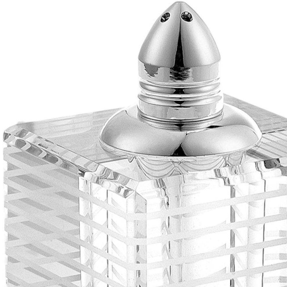 Set of Two Clear And Silver Crystal Striped Pepper Shakers on a white background