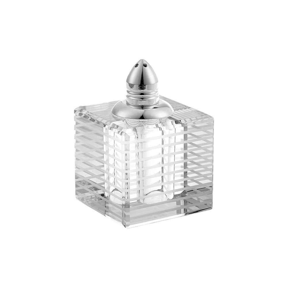 Set of Two Clear And Silver Crystal Striped Pepper Shakers on a white background