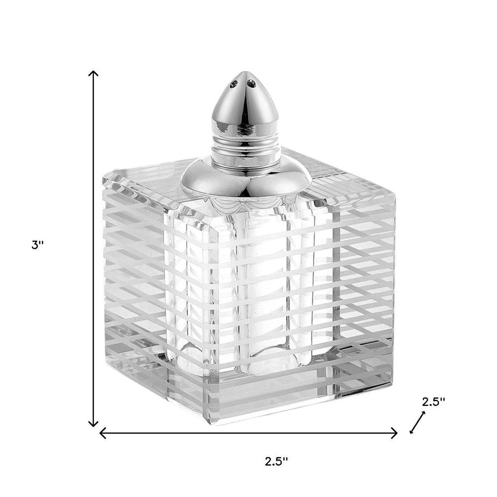 Set of Two Clear And Silver Crystal Striped Pepper Shakers on a white background