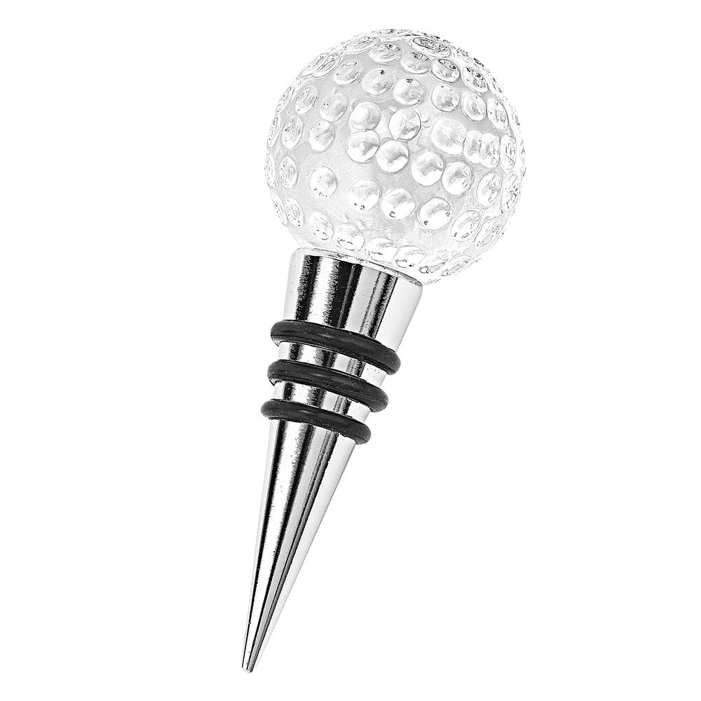 Clear crystal golf ball bottle stopper with silver metal base and black rubber rings on a white background.