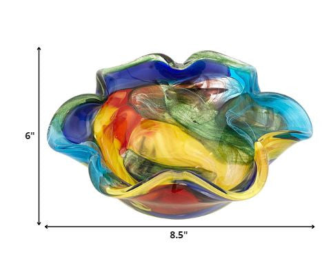 9" Rainbow Multi Colored Art Glass Centerpiece Bowl on a white background
