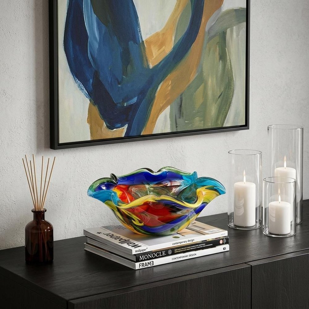 9" Rainbow Multi Colored Art Glass Centerpiece Bowl in a home interior