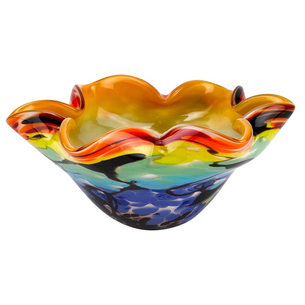 A colorful, wavy glass centerpiece bowl with a rainbow of colors including orange, yellow, red, green, and blue on a white background.