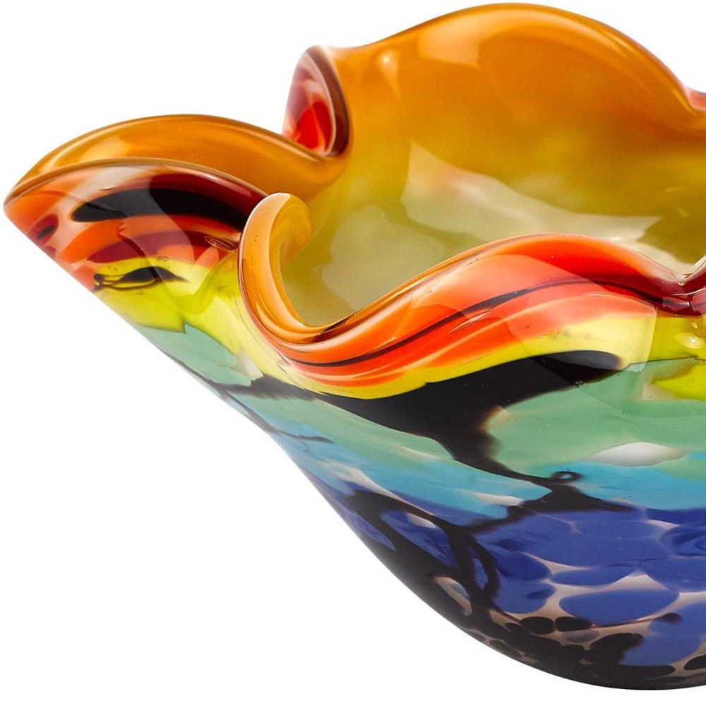 9" Rainbow Multi Art Glass Wavy Centerpiece Bowl on a white background