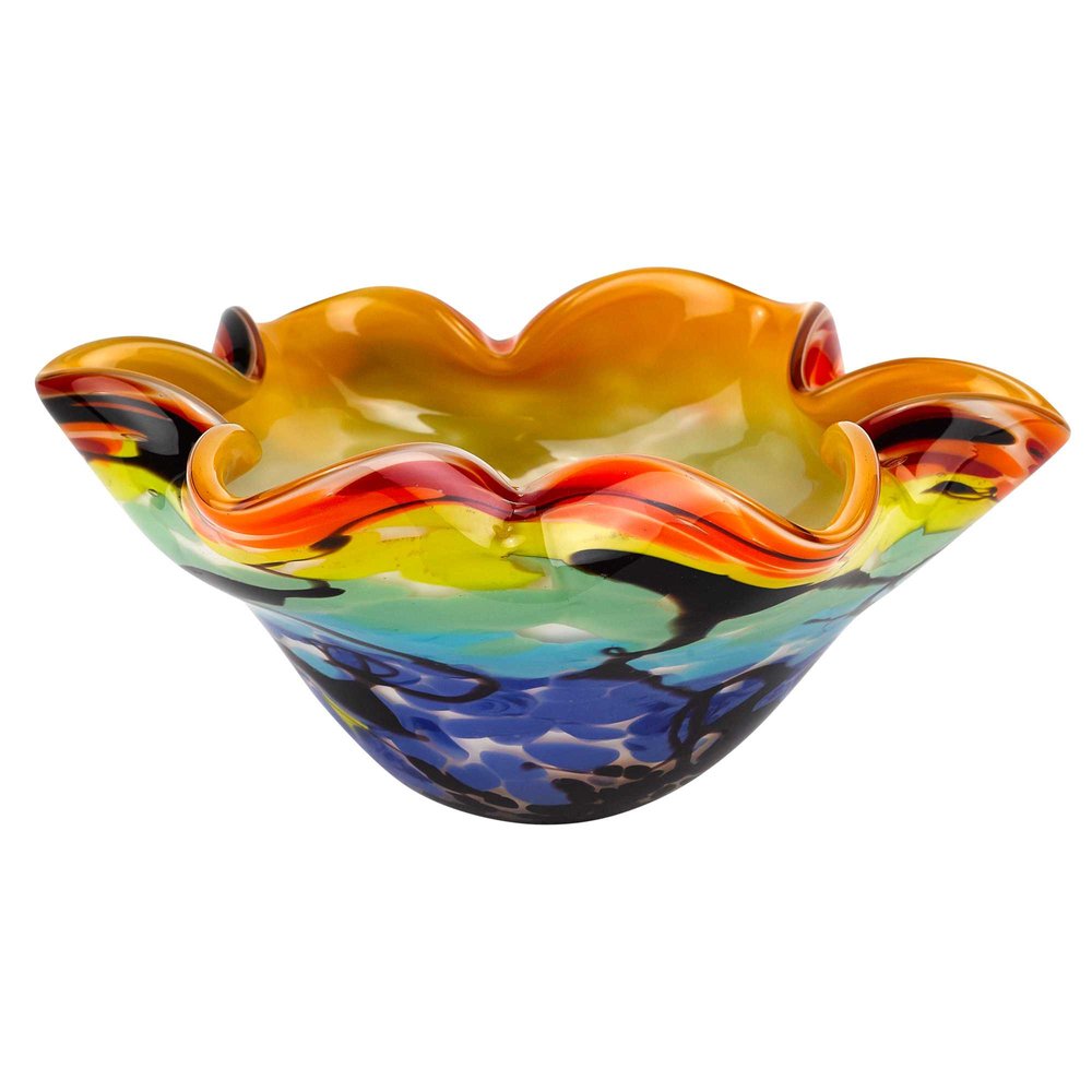 9" Rainbow Multi Art Glass Wavy Centerpiece Bowl on a white background