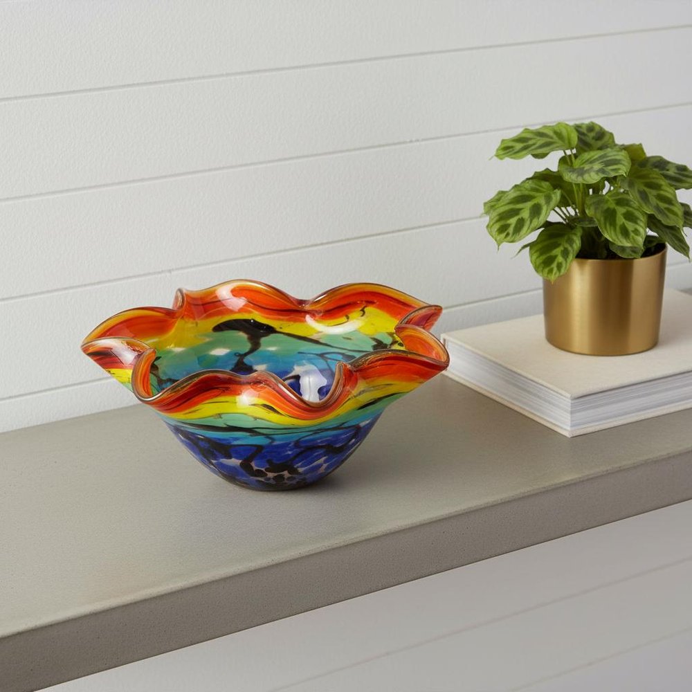9" Rainbow Multi Art Glass Wavy Centerpiece Bowl in a home interior