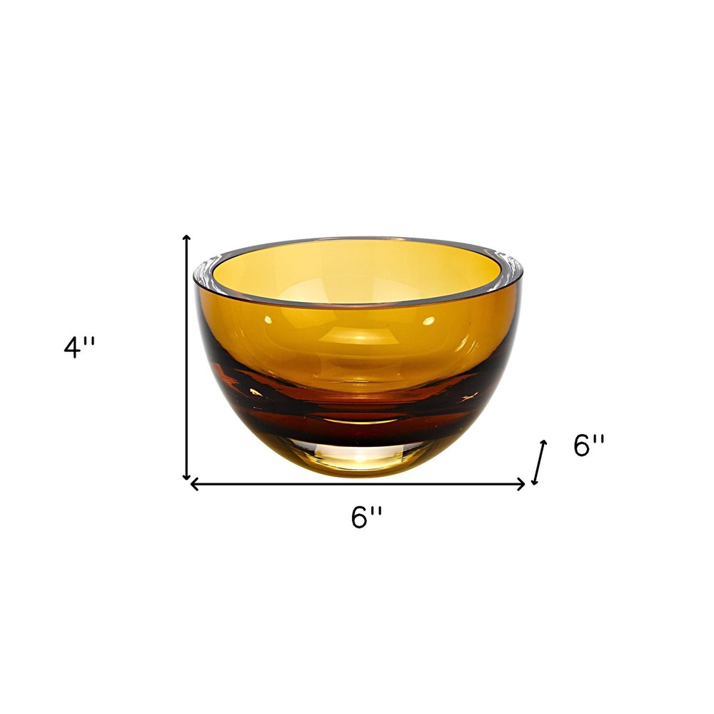 6" Amber Mouth Blown Crystal Thick Walled Bowl. Serving bowl isolated on a plain white background, showing a gold crystal surface.