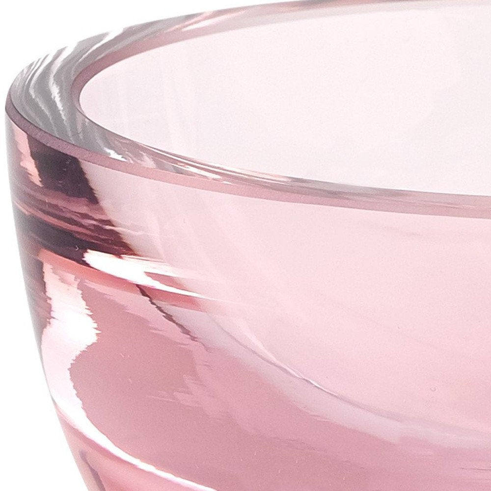 6" Pink Mouth Blown Crystal Thick Walled Bowl. Serving bowl isolated on a plain white background, finished in pink crystal.