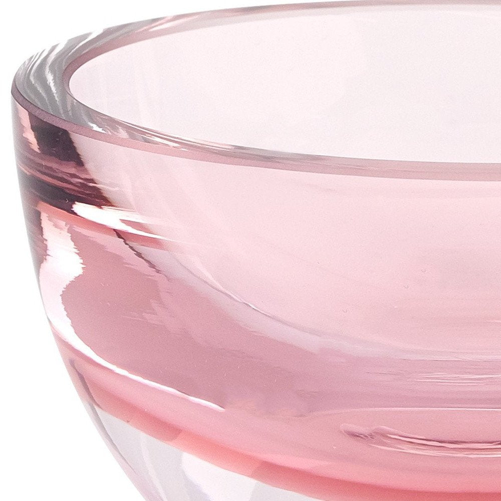 6" Pink Mouth Blown Crystal Thick Walled Bowl. Serving bowl isolated on a plain white background, showing a pink crystal surface.
