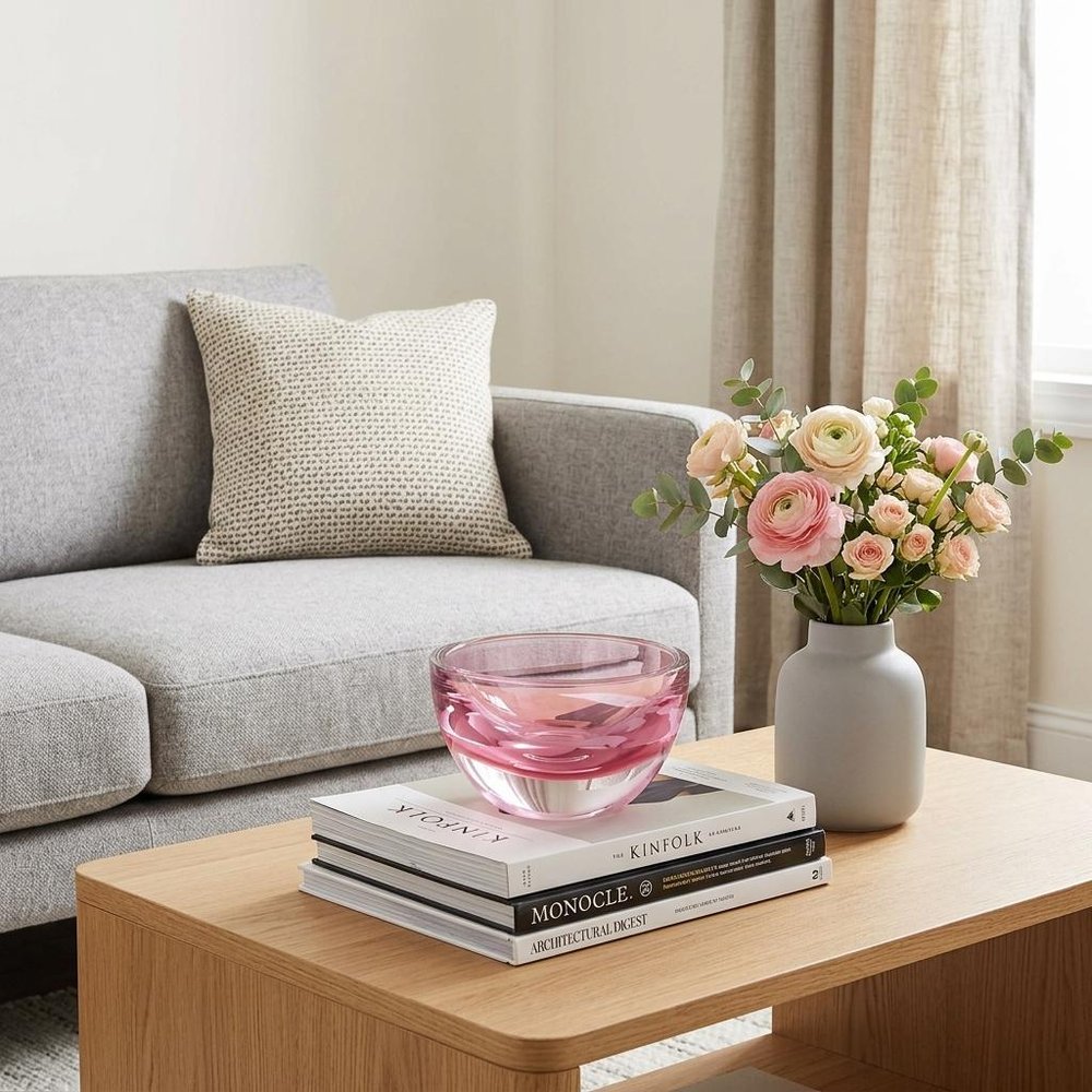 6" Pink Mouth Blown Crystal Thick Walled Bowl styled in a furnished interior with a cream wall on a dark wood floor.