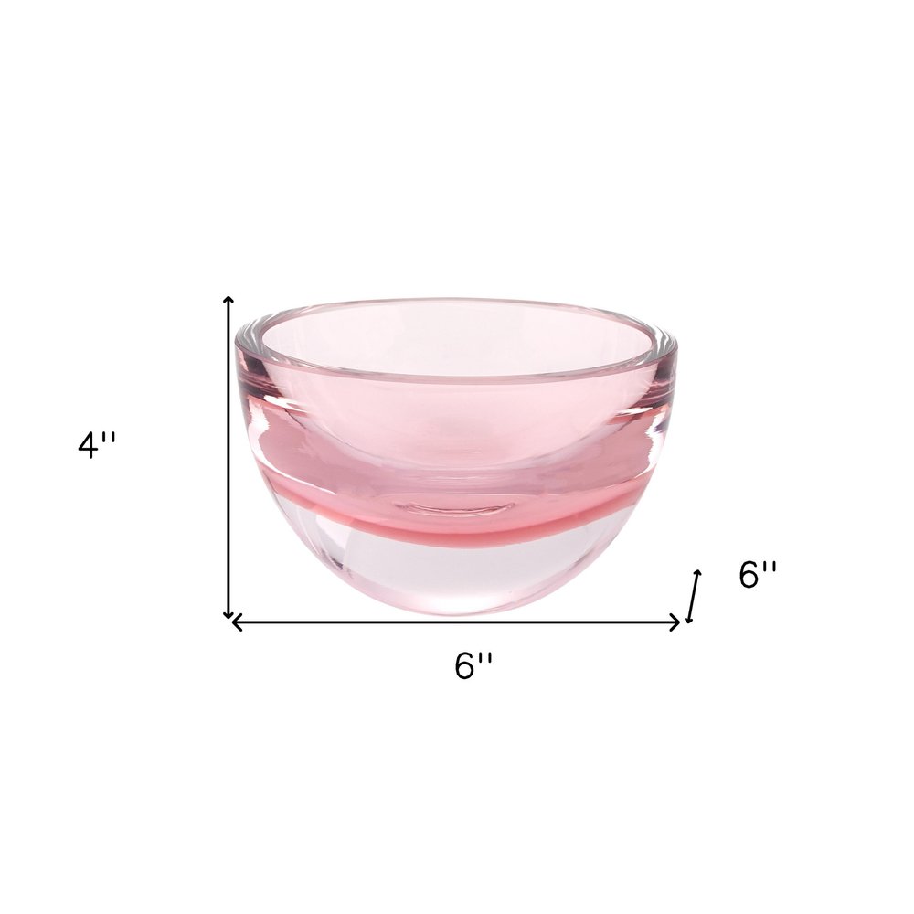 6" Pink Mouth Blown Crystal Thick Walled Bowl. Serving bowl isolated on a plain white background, in a pink crystal finish.