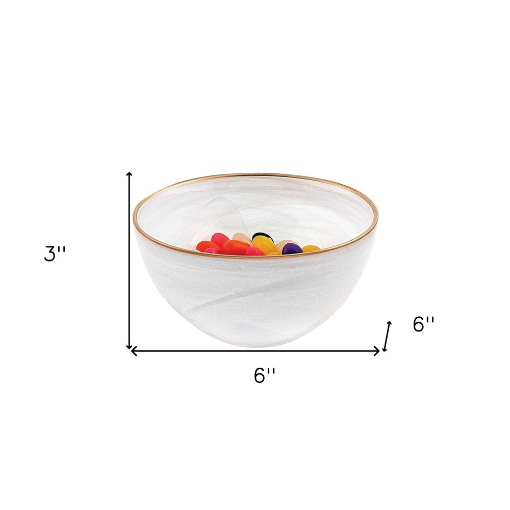 6" White And Gold Glass. Serving bowl isolated on a plain white background, in a white glass finish.