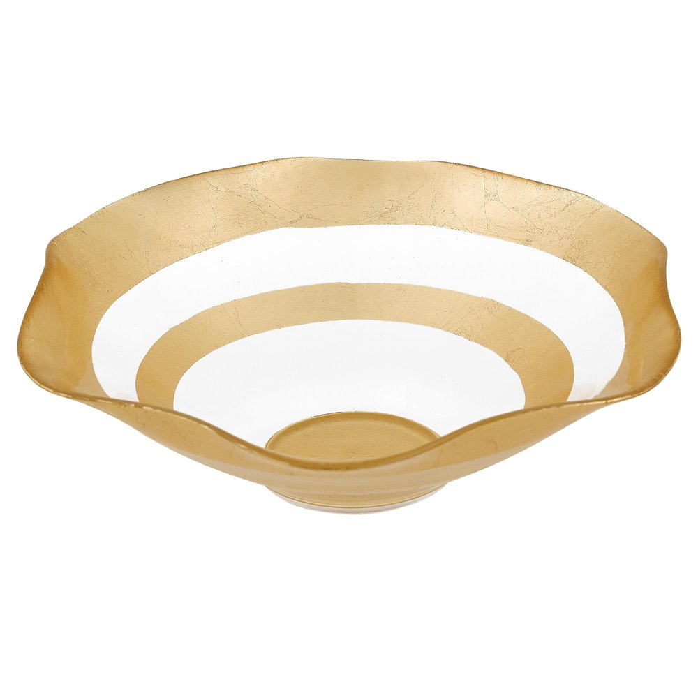 A clear glass centerpiece bowl with gold stripes and a ruffled edge, set against a white background.