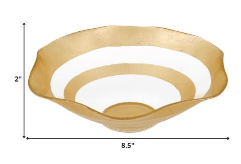 9" Clear and Gold Glass Round Ruffle Centerpiece Bowl on a white background