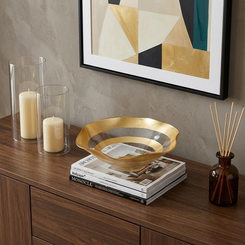 9" Clear and Gold Glass Round Ruffle Centerpiece Bowl in a home interior