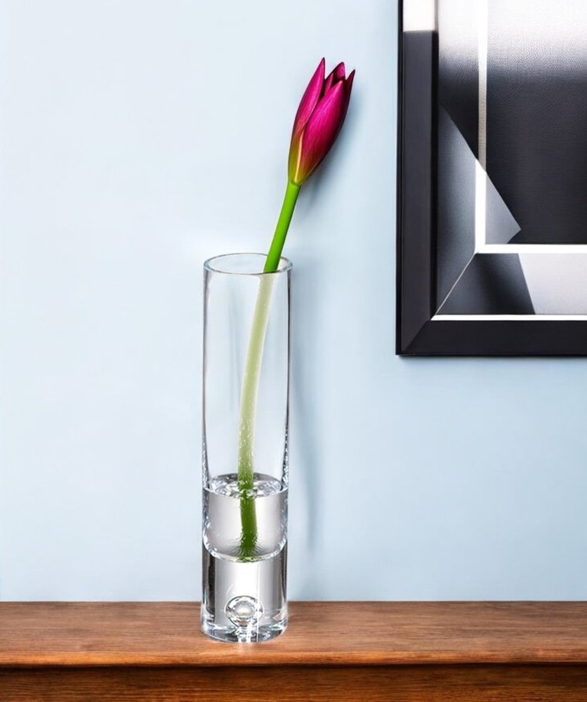9" Clear Cylindrical Lead Free Crystal Bud Table Vase in a home interior