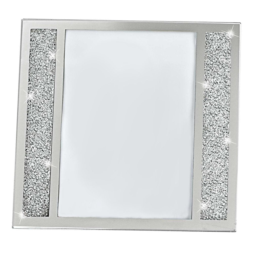 Silver tabletop picture frame with crystal accents and a white background.