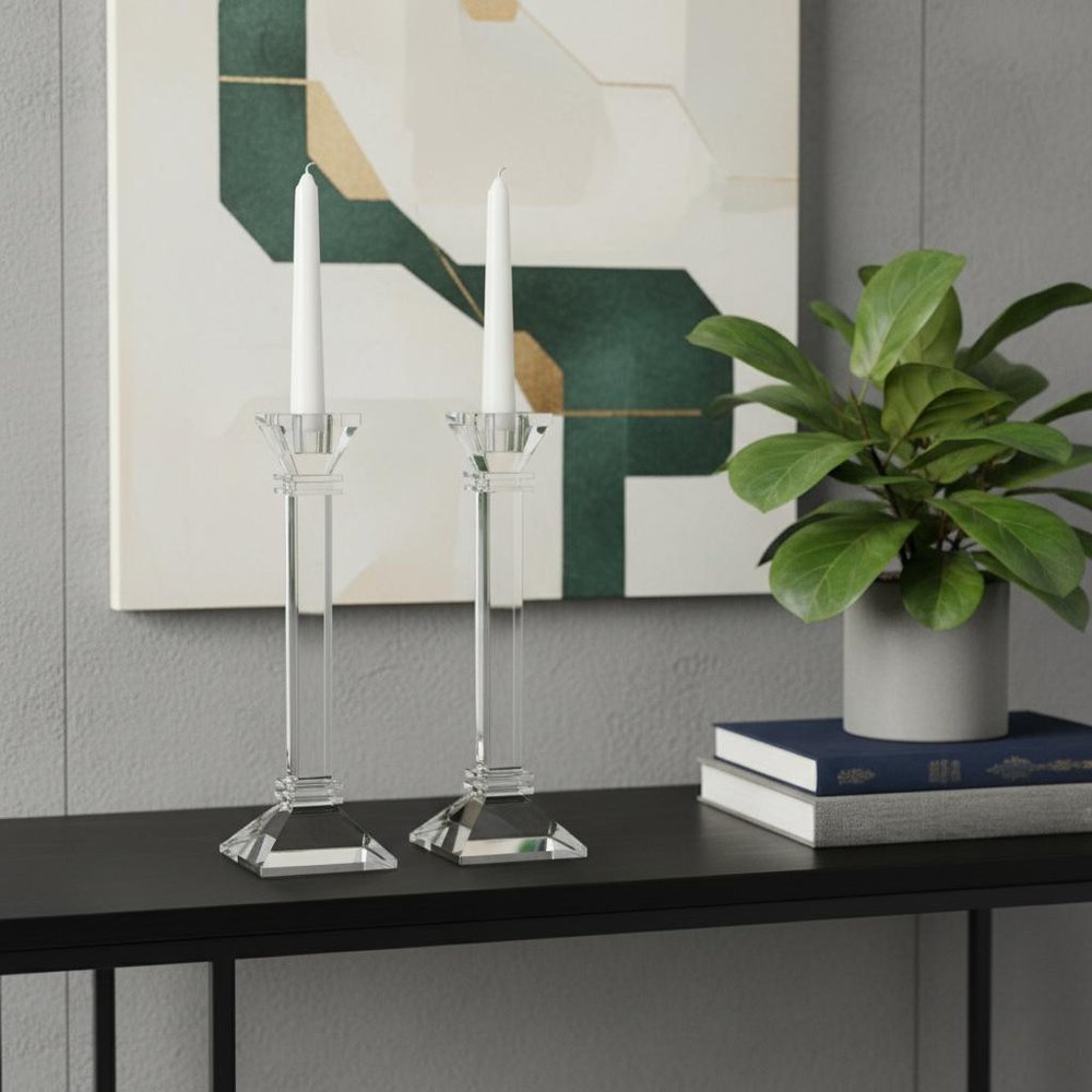 Set of Two Clear Crystal Tabletop Taper Candlesticks