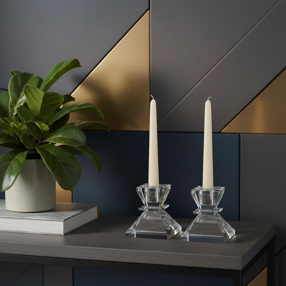 Set of Two Clear Crystal Tabletop Taper Candlesticks - 3.25" H x 2.50" W x 2.50" D
