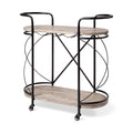 Black metal and wood rolling kitchen cart with two oval shelves and wine glass rack, on white background.