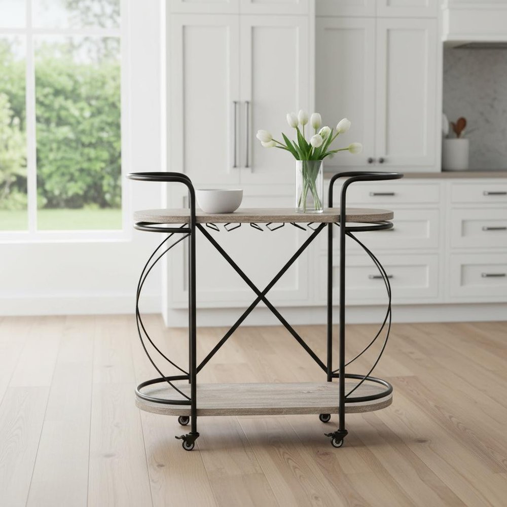 15" Black Solid Wood and Steel Round Rolling Kitchen Cart With Storage styled in a furnished interior with an off-white wall on a wood floor.