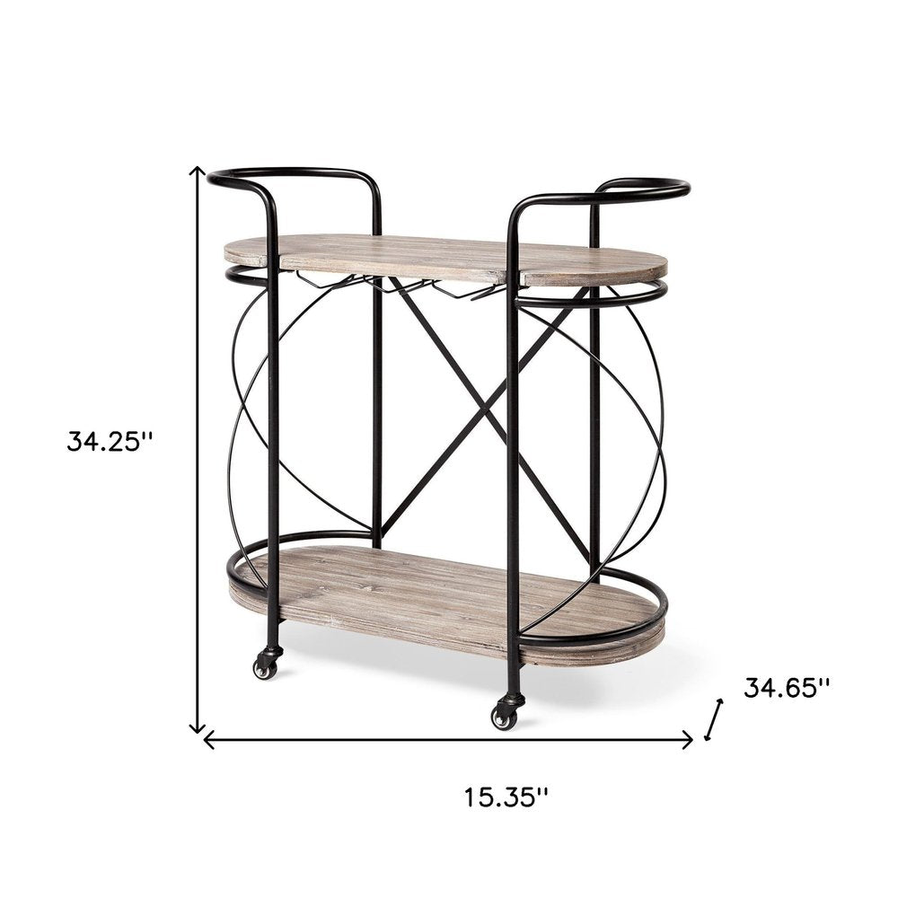 15" Black Solid Wood and Steel Round Rolling Kitchen Cart With Storage. Kitchen cart isolated on a plain white background, showing a wood surface.