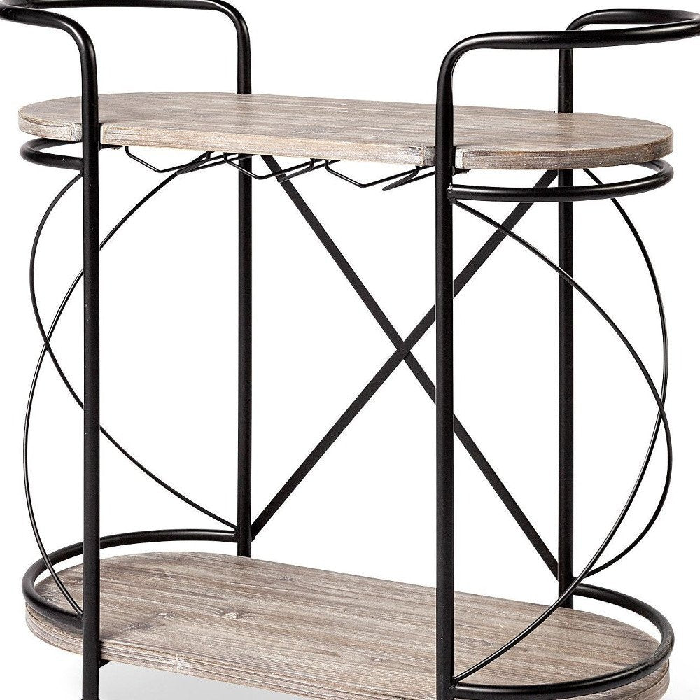 15" Black Solid Wood and Steel Round Rolling Kitchen Cart With Storage. Kitchen cart isolated on a plain white background, showing a black wood surface.