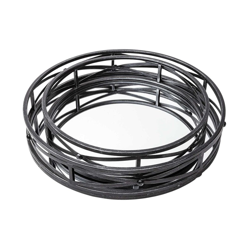 Set of Two Black Round Metal And Mirrored Glass Vanity Trays on a white background