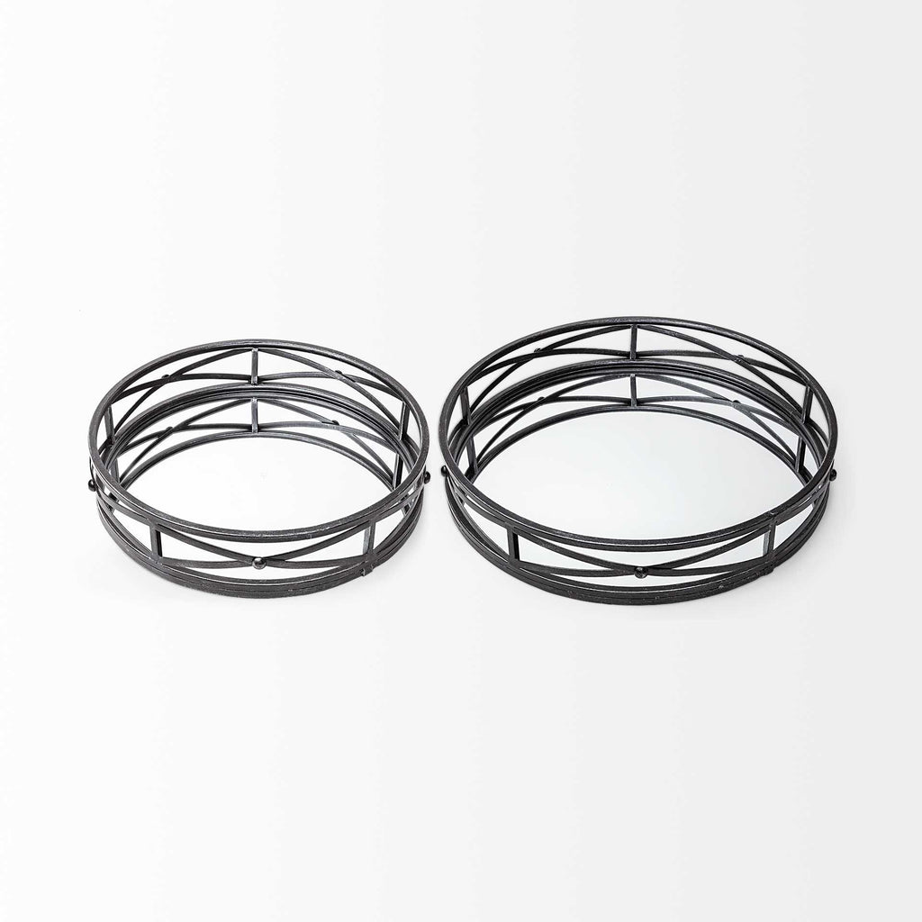 Set of Two Black Round Metal And Mirrored Glass Vanity Trays
