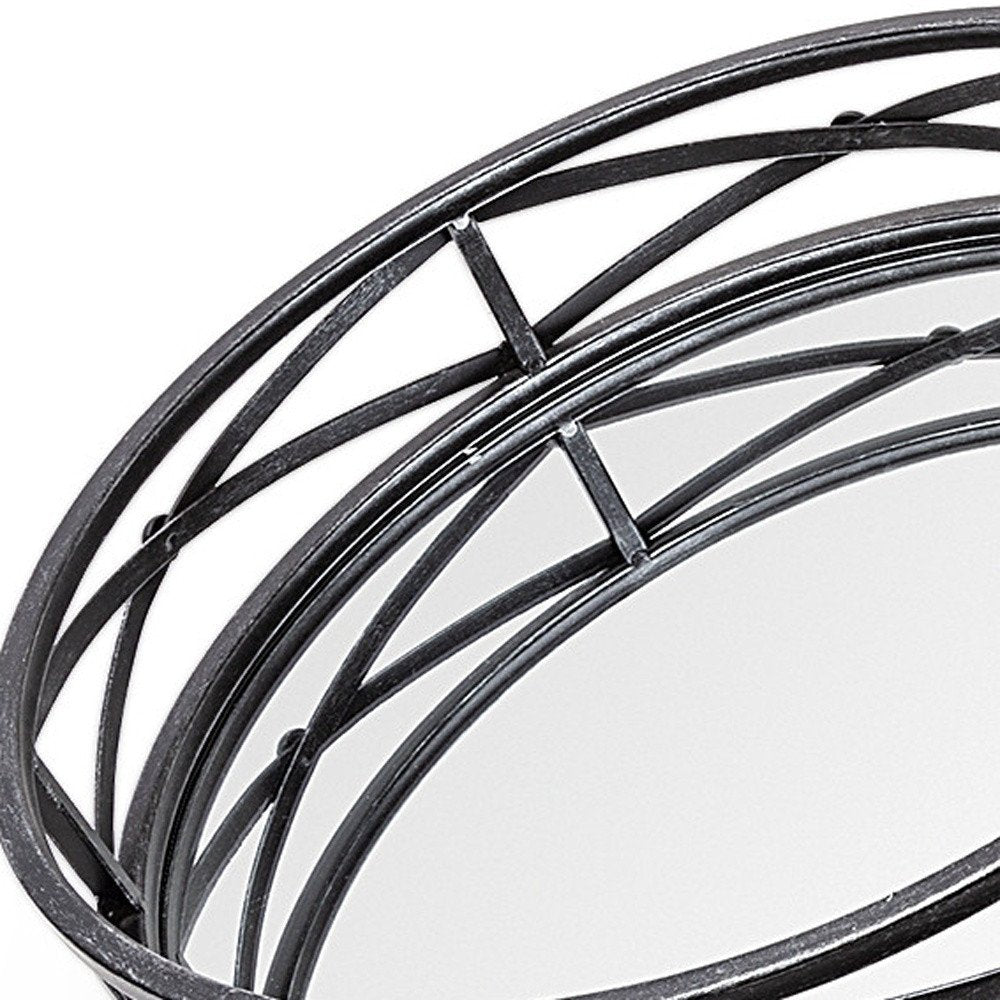 Set of Two Black Round Metal And Mirrored Glass Vanity Trays on a white background