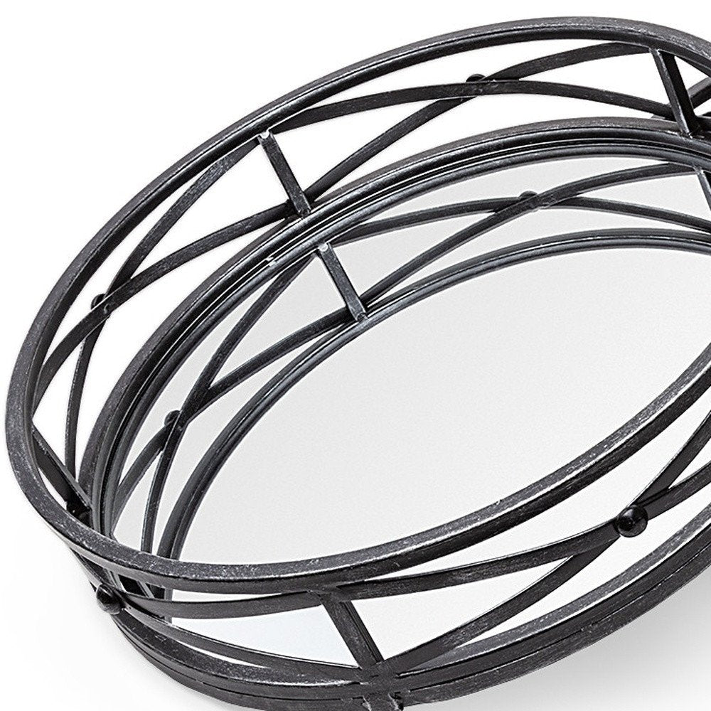 Set of Two Black Round Metal And Mirrored Glass Vanity Trays on a white background