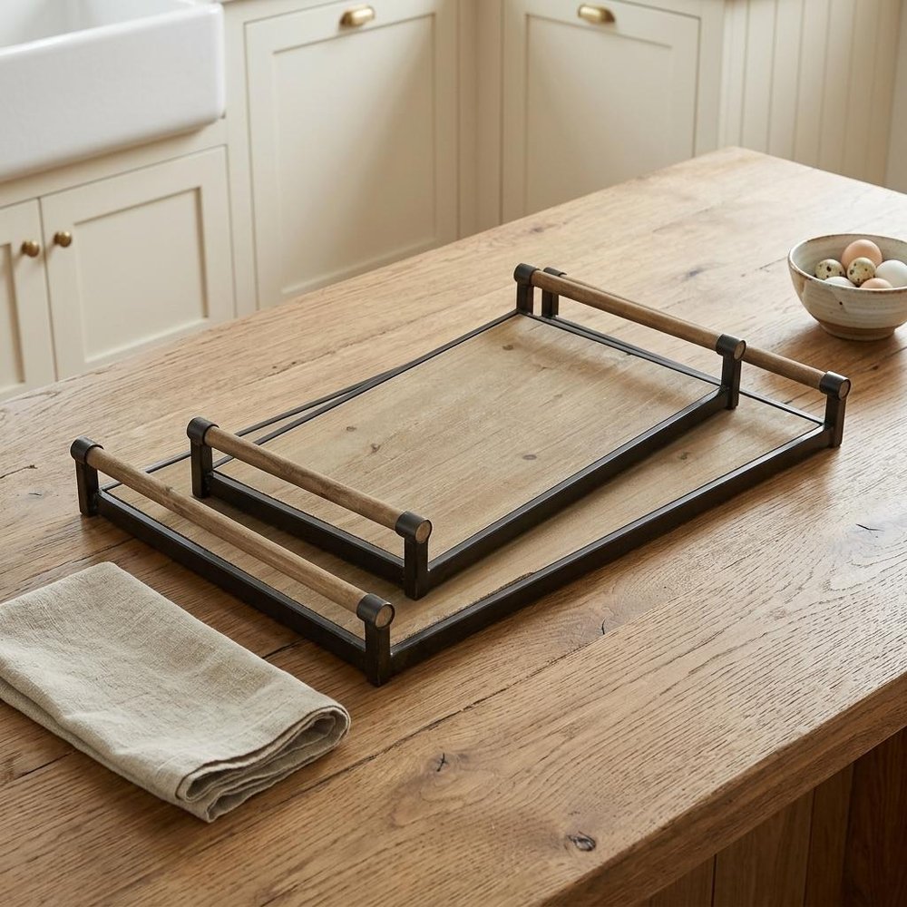 Set of Two Brown Wood Indoor Outdoor Serving Tray With Handles in a home interior