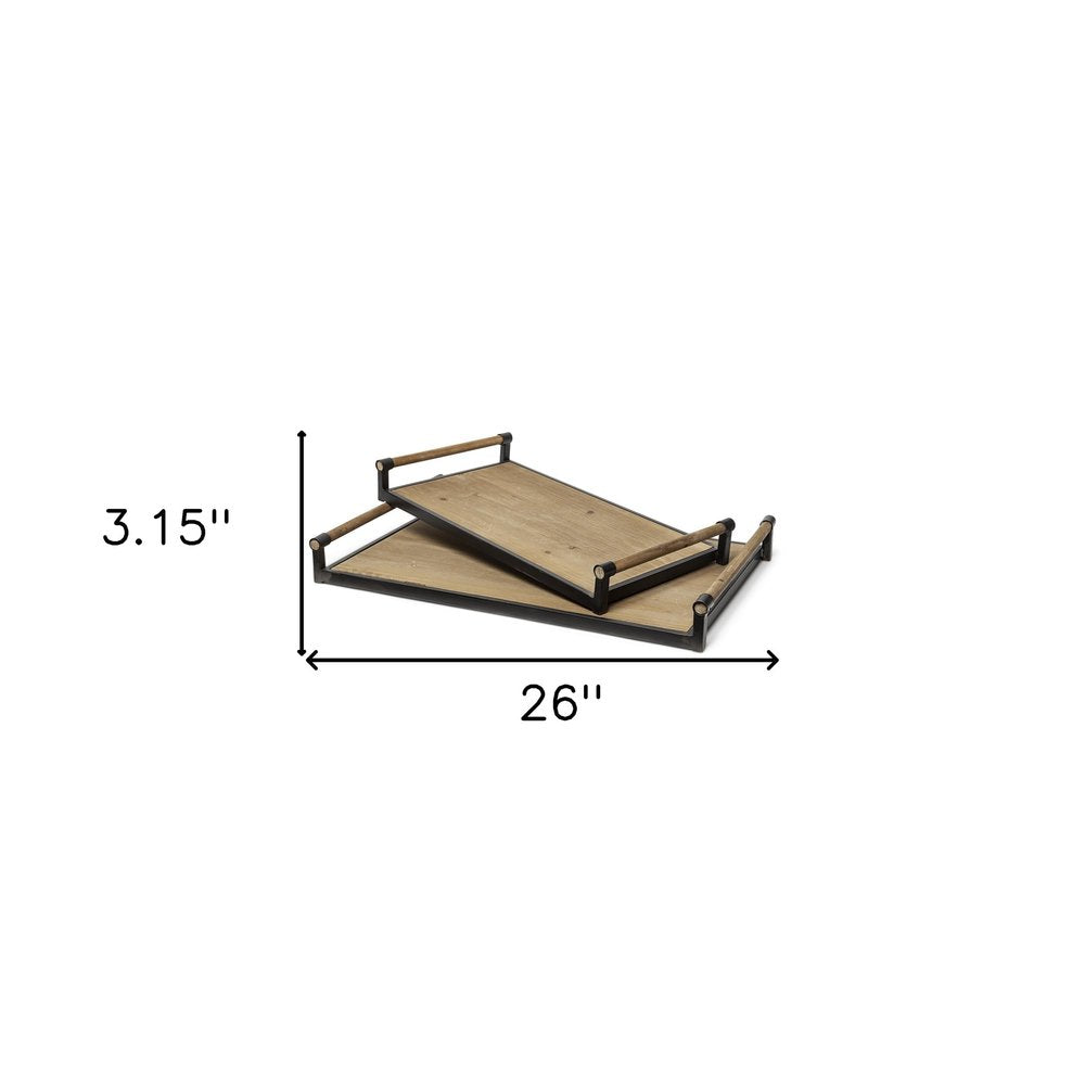 Set of Two Brown Wood Indoor Outdoor Serving Tray With Handles on a white background