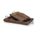 Set of Two Brown Rectangular Wood Indoor Outdoor Serving Tray With Handles on a white background