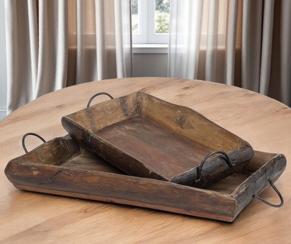Set of Two Brown Rectangular Wood Indoor Outdoor Serving Tray With Handles in a home interior