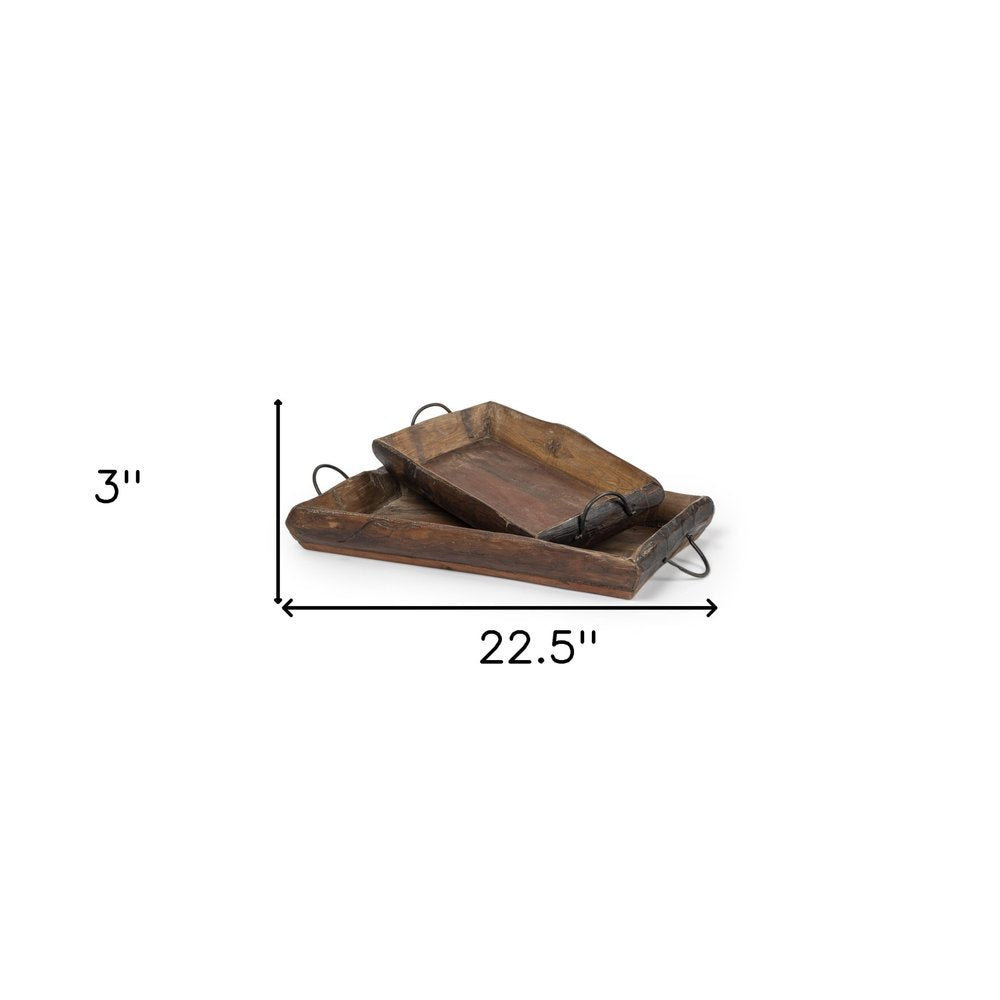 Set of Two Brown Rectangular Wood Indoor Outdoor Serving Tray With Handles on a white background