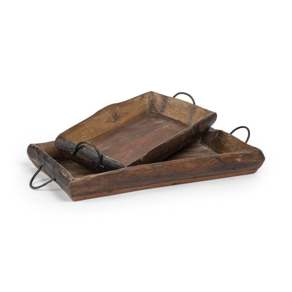 Set of Two Brown Rectangular Wood Indoor Outdoor Serving Tray With Handles on a white background