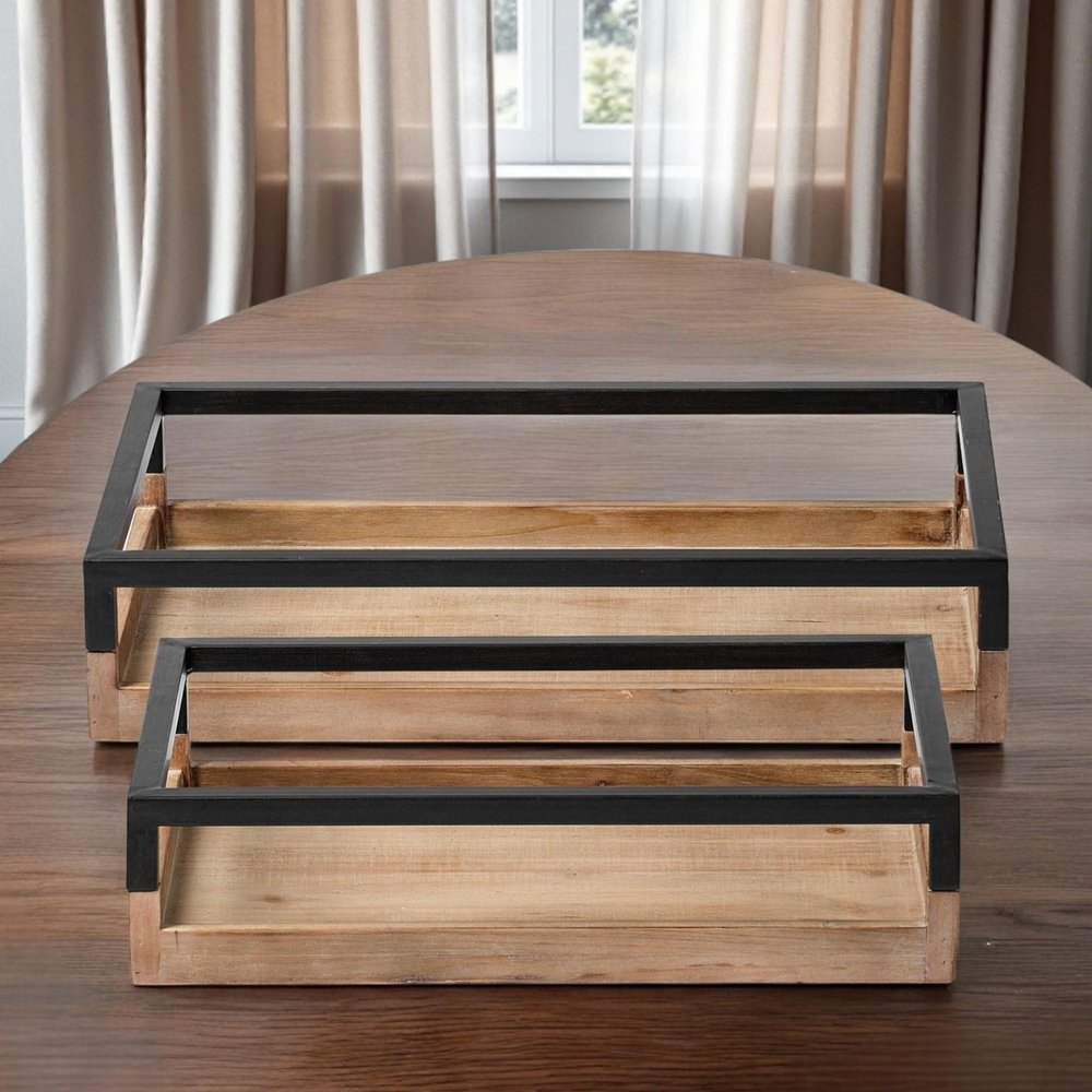 Set of Two Brown Wood Indoor Outdoor Tray With Handles in a home interior