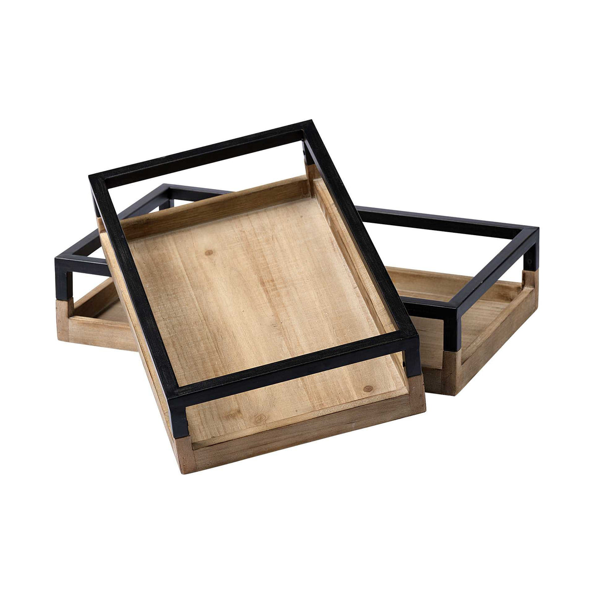 Set of Two Brown Wood Indoor Outdoor Tray With Handles on a white background