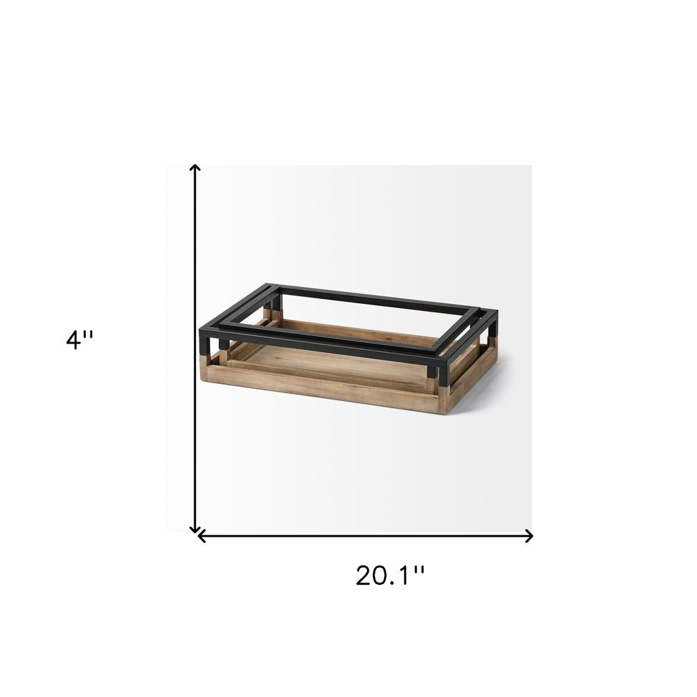 Set of Two Brown Wood Indoor Outdoor Tray With Handles - 4" H x 20.1" W x 12" D